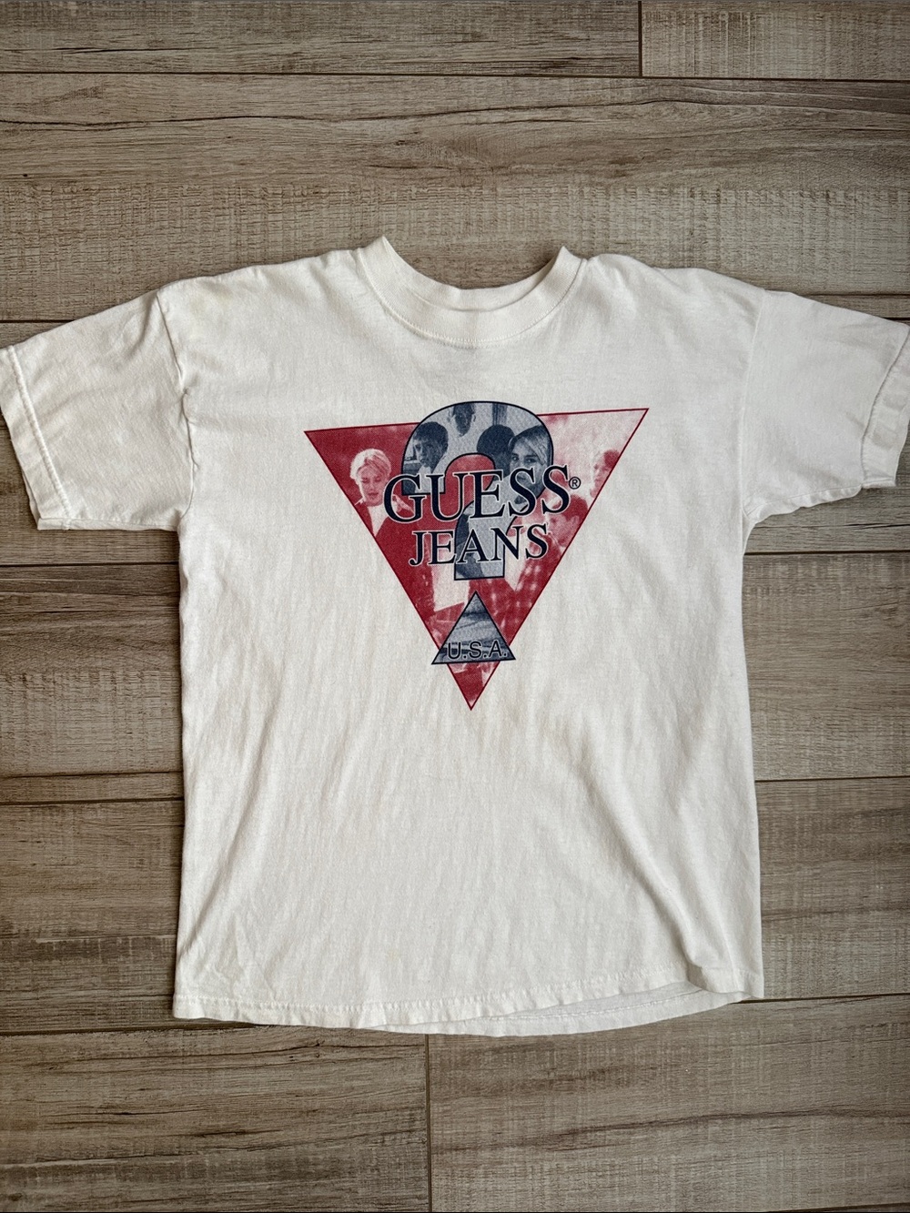 Vtg 90s Guess Jeans USA Graphic T-Shirt White Single Stitch Made in USA Fits S